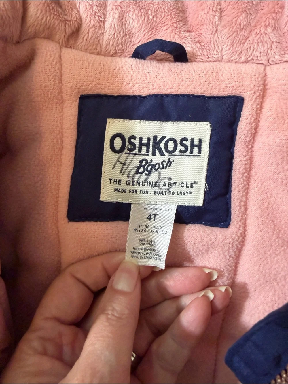 OshKosh B'gosh Navy Jacket with Pink Lining & Faux-Fur Trim Size 4T VGUC
